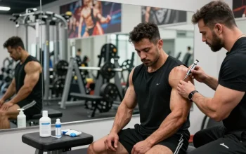 Anabolika Shop: Bodybuilder spritzt Steroide unter Anleitung im Fitnessstudio