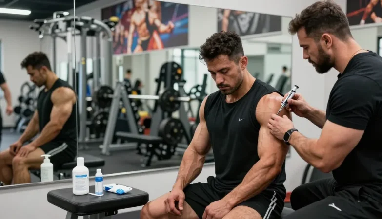 Anabolika Shop: Bodybuilder spritzt Steroide unter Anleitung im Fitnessstudio
