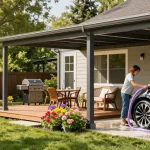 Moderner Carport schützt stilvolles Auto, während eine Person mit einem Schlauch wäscht, umgeben von blühenden Blumen.