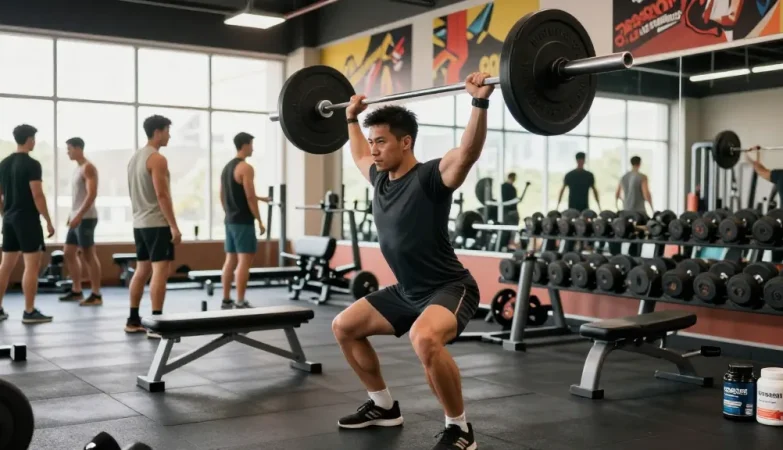 Fitness-Enthusiast im Anabolika Shop, der Gewichte hebt und Anabolika für Muskelaufbau kauft.